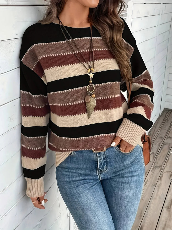 Anneliese | Women's Cozy Striped Round-Neck Sweater - Color:Black;Size:XS