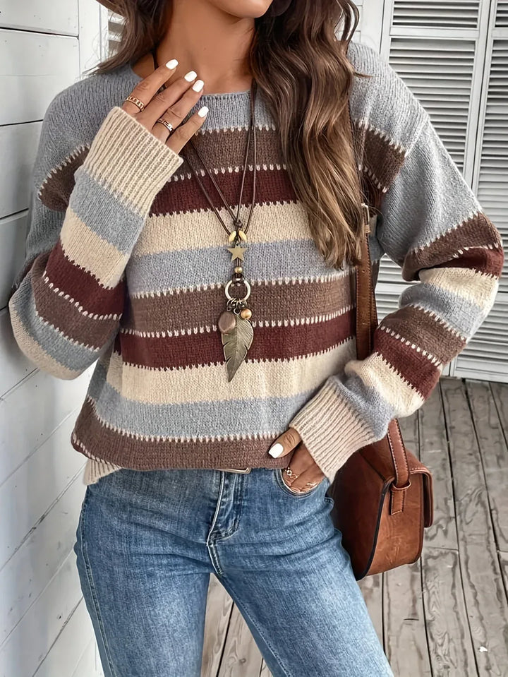 Women's Cozy Striped Round-Neck Sweater brown1.webp
