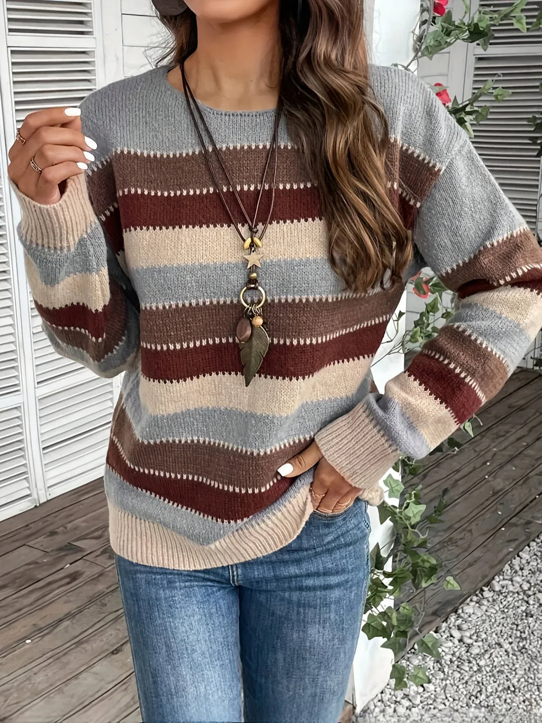 Women's Cozy Striped Round-Neck Sweater brown3.webp