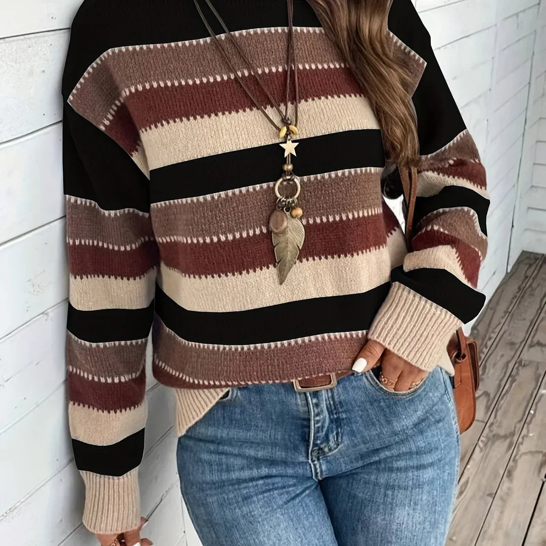 Women's Cozy Striped Round-Neck Sweater black.webp