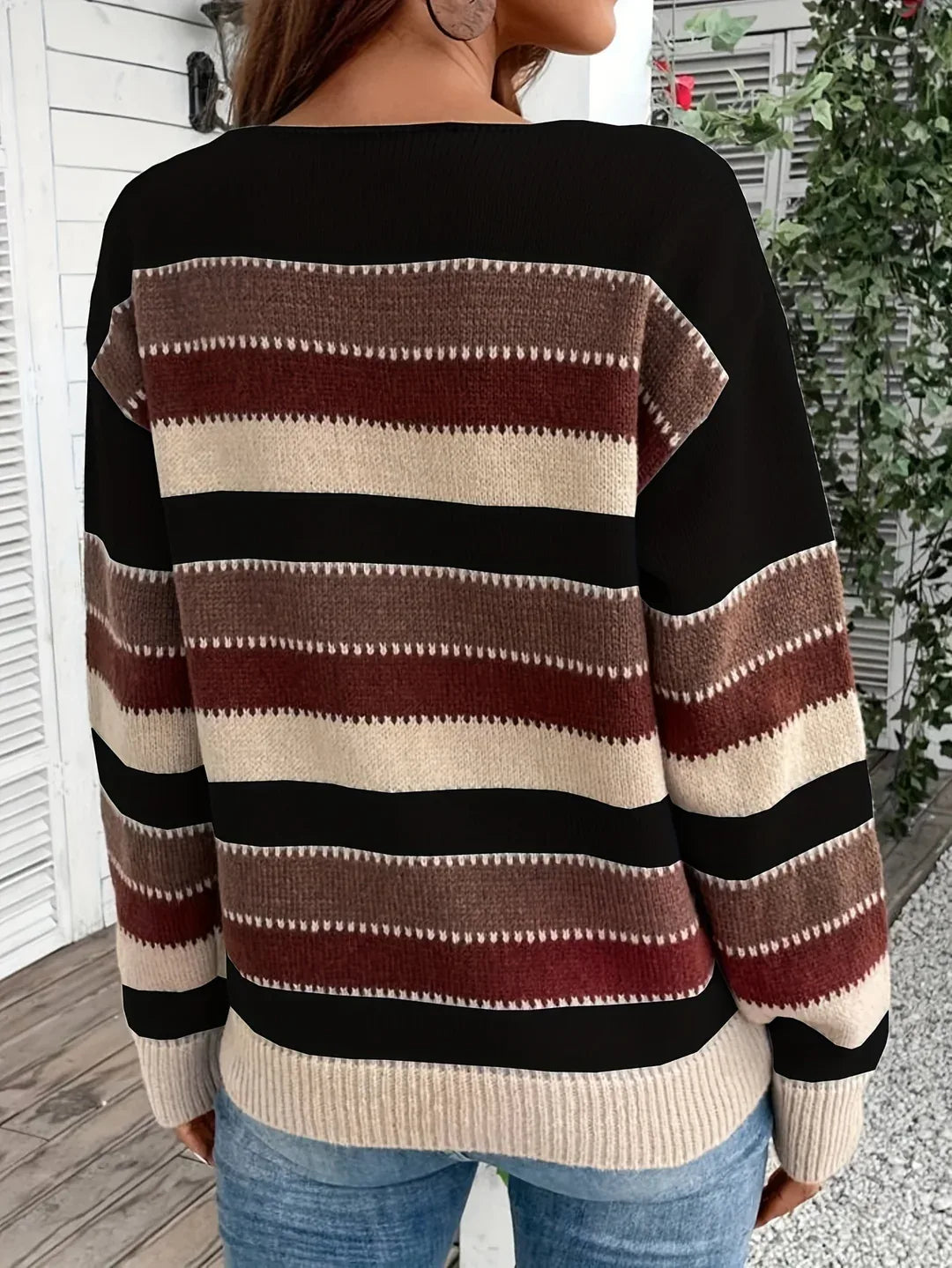 Women's Cozy Striped Round-Neck Sweater black2.webp