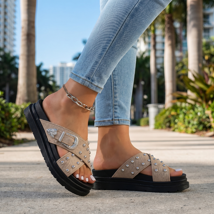 Apricot Sloane Studded Platform Slides 1