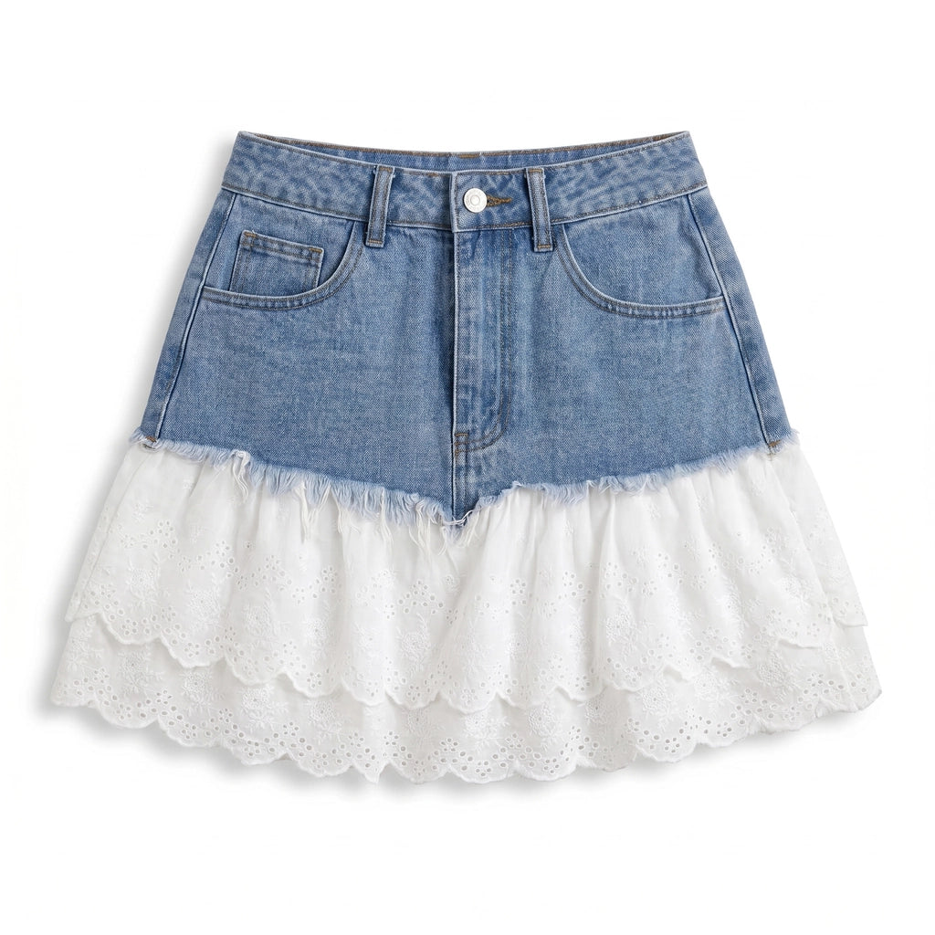 Aria Lace Denim Skirt - Color:Blue;Size:XS