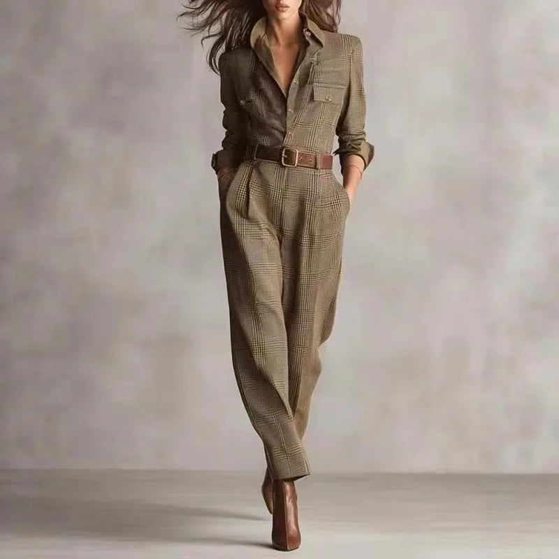 Ashleigh | Women's Formal Plaid Jumpsuit  - Color:Brown;Size:XS