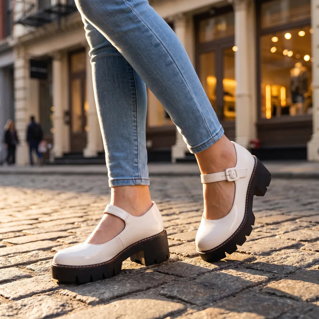 Women's White Farragut Chunky Heel Mary Janes