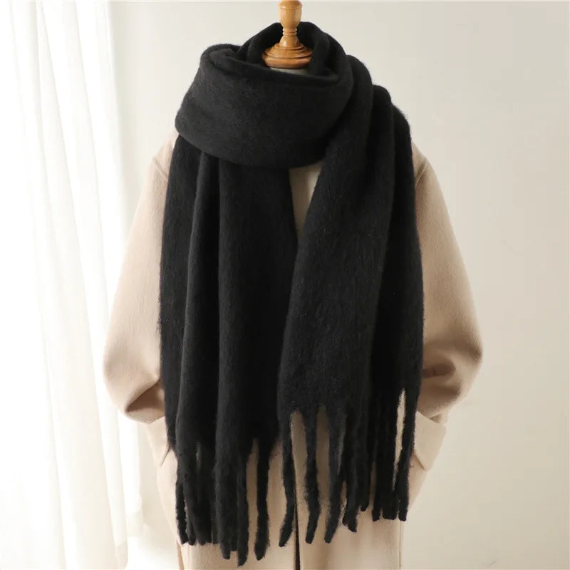 Ashley | Women's Oversized Wool Blend Cozy Scarve - Length:95 × 15 inches;Color:Black