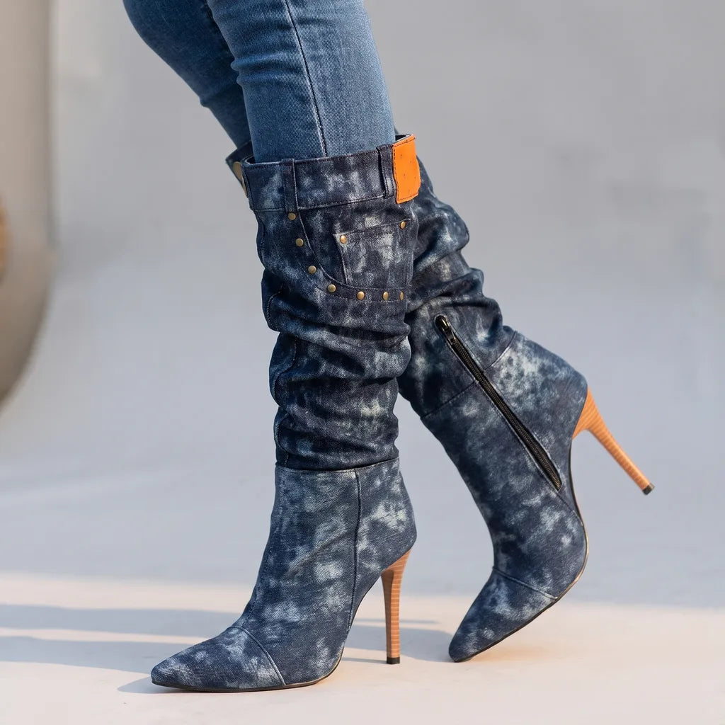 Astley | Women's Knee High Heels Boots  - Color:Blue;Size:35
