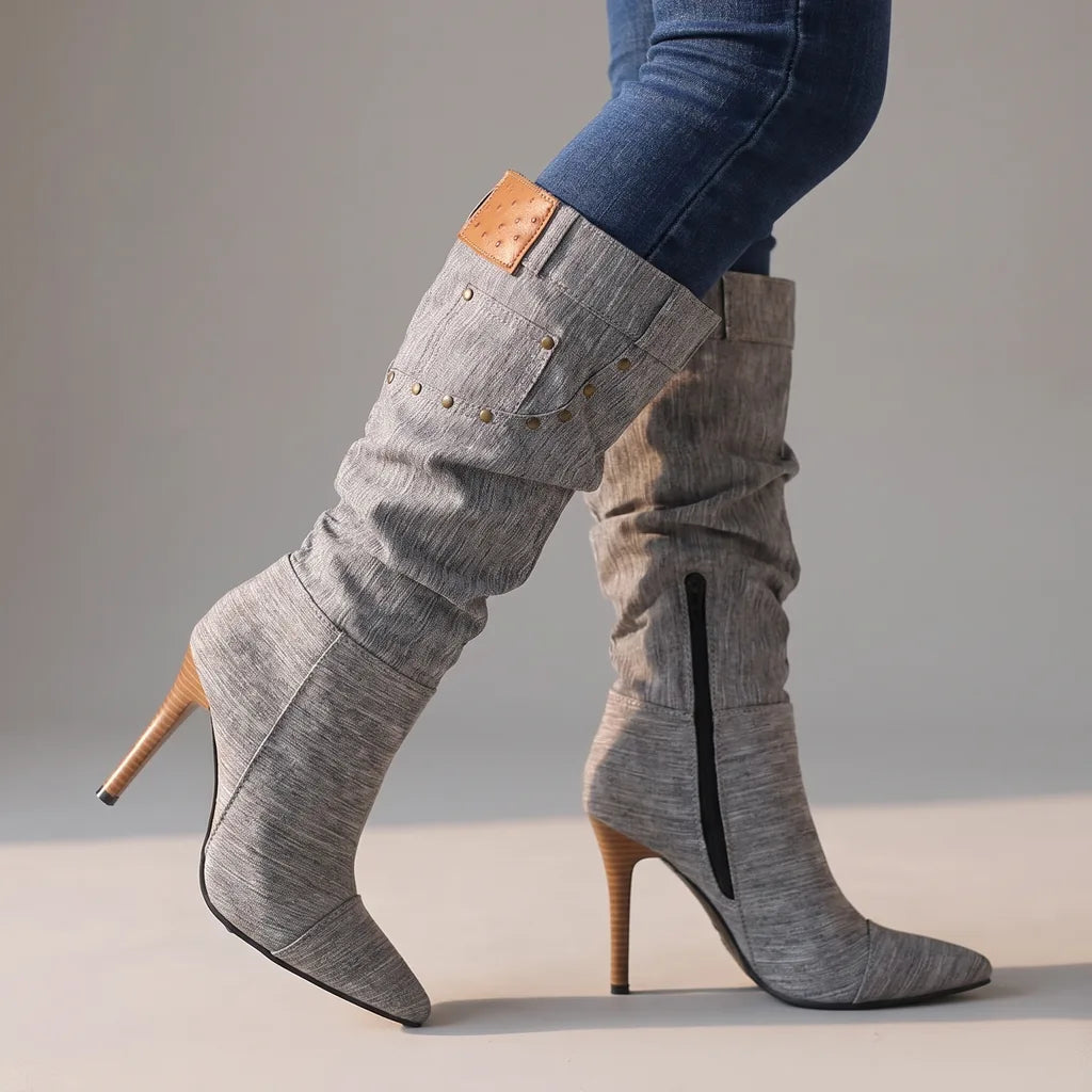 Astley | Women's Knee High Heels Boots  - Color:Gray;Size:35