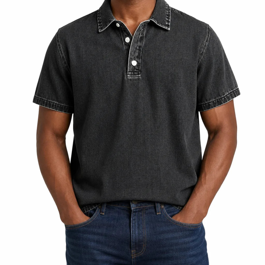 Aston | Men's Denim Dress Polo Shirt - Color:Black;Size:XS