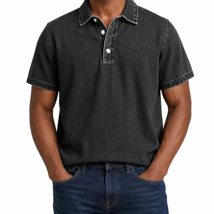 Aston | Men's Denim Dress Polo Shirt - Color:Black;Size:XS