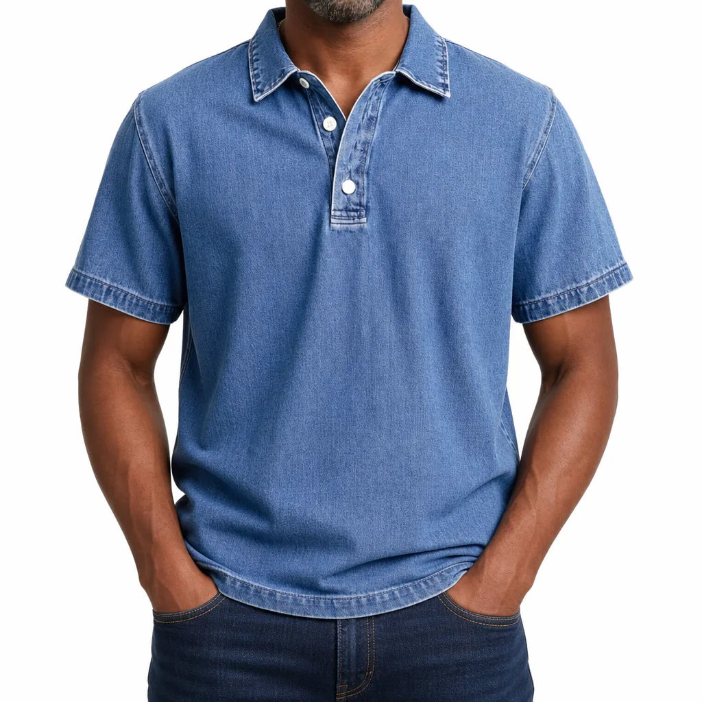 Aston | Men's Denim Dress Polo Shirt - Color:Blue;Size:XS