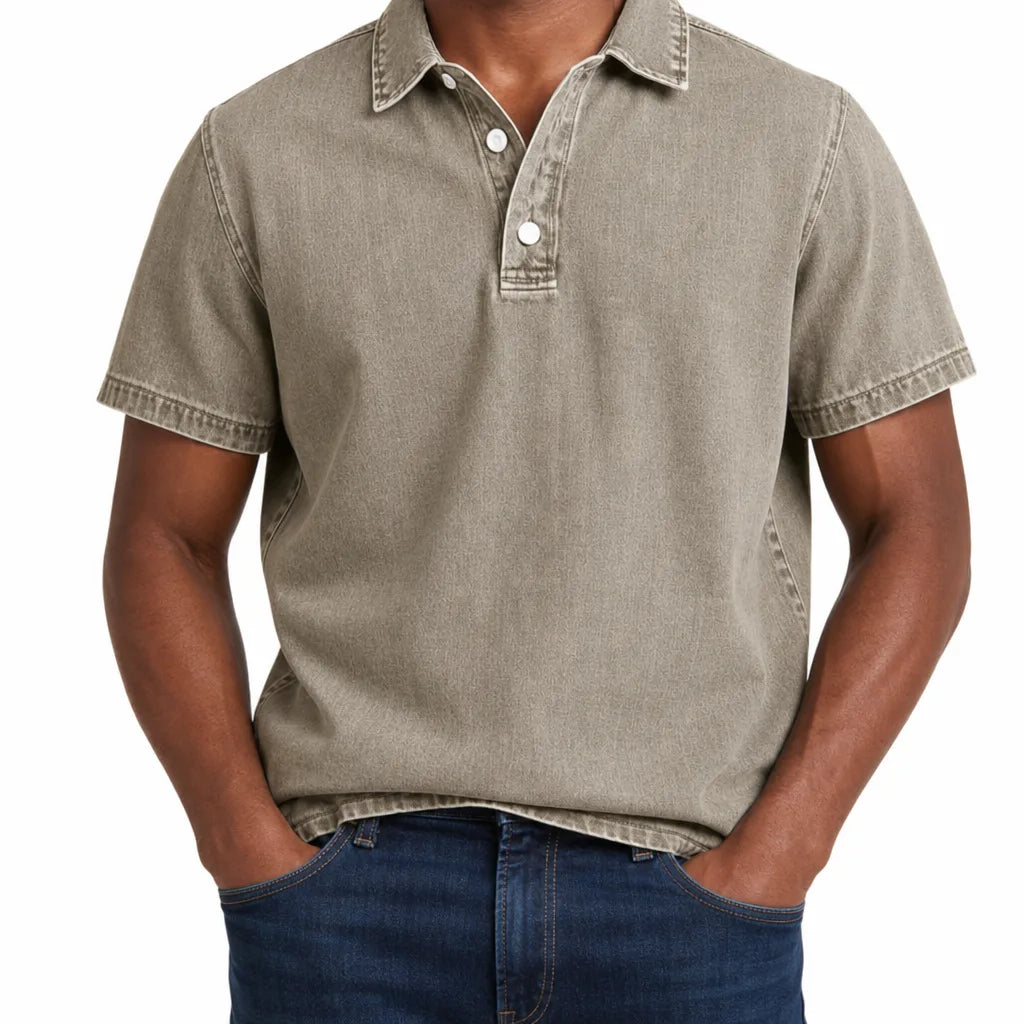 Aston | Men's Denim Dress Polo Shirt - Color:Brown;Size:XS