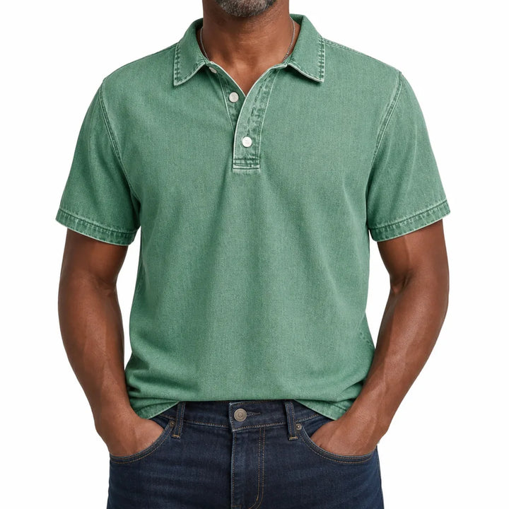Aston | Men's Denim Dress Polo Shirt - Color:Green;Size:XS