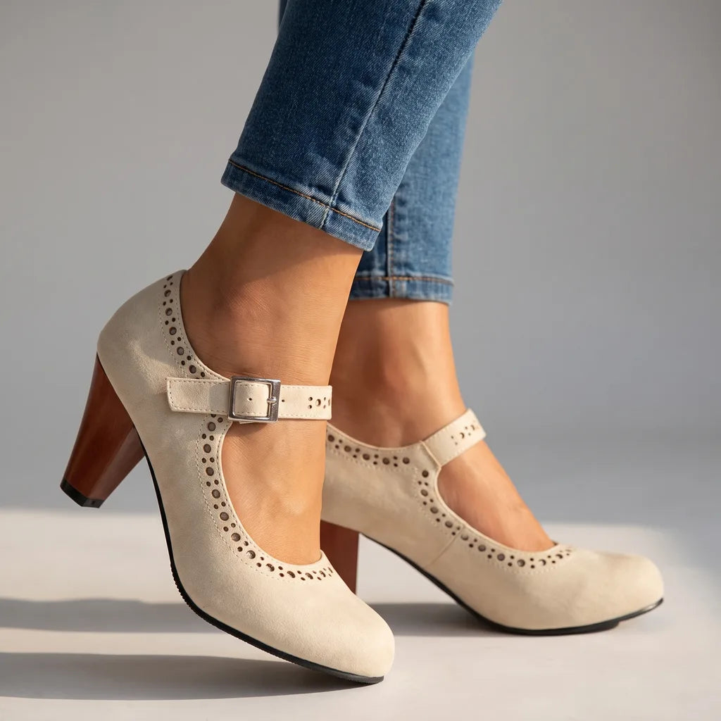 Aubrey | Womens Mary Jane Heel Shoes - Color:Beige;Size:35