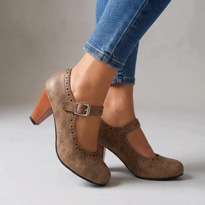 Aubrey | Womens Mary Jane Heel Shoes - Color:Brown;Size:35