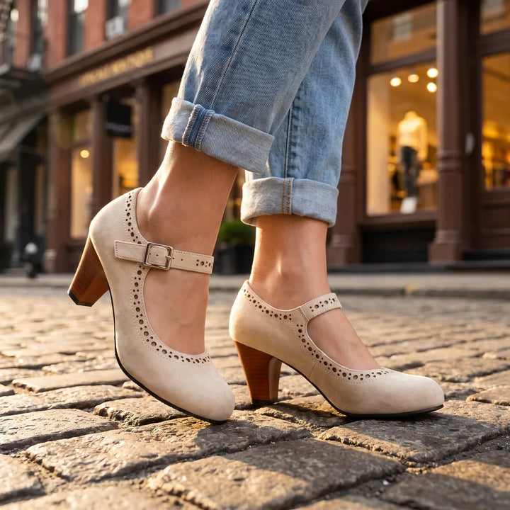 Women's Beige Austin Block Heel Mary Janes