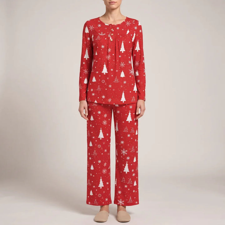 Aurelia | Women's Lounge Pajama Set - Color:Red Snowflake Christmas Tree;Size:S