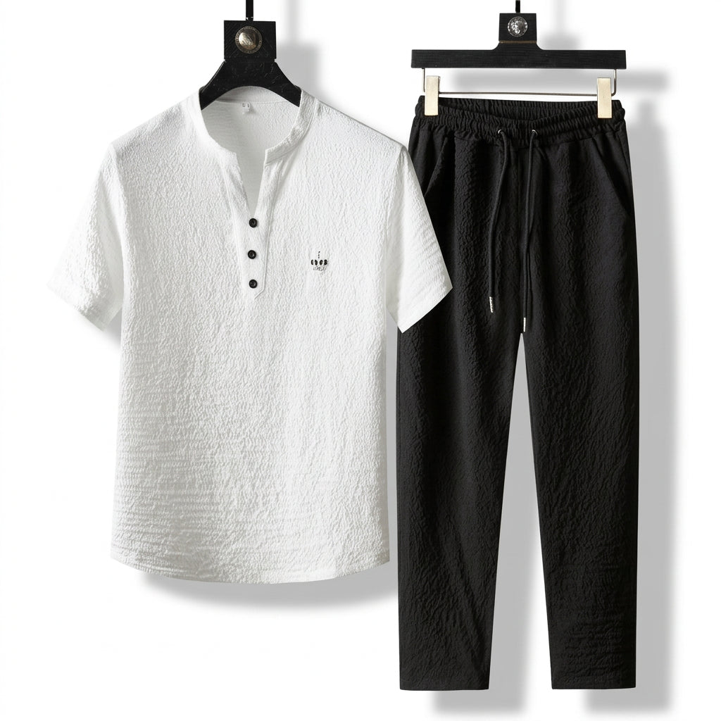 Averon Embroidered Set - Color:White Top and Black Pants Set;Size:S