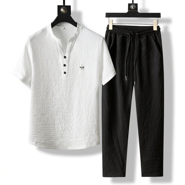 Averon Embroidered Set - Color:White Top and Black Pants Set;Size:S
