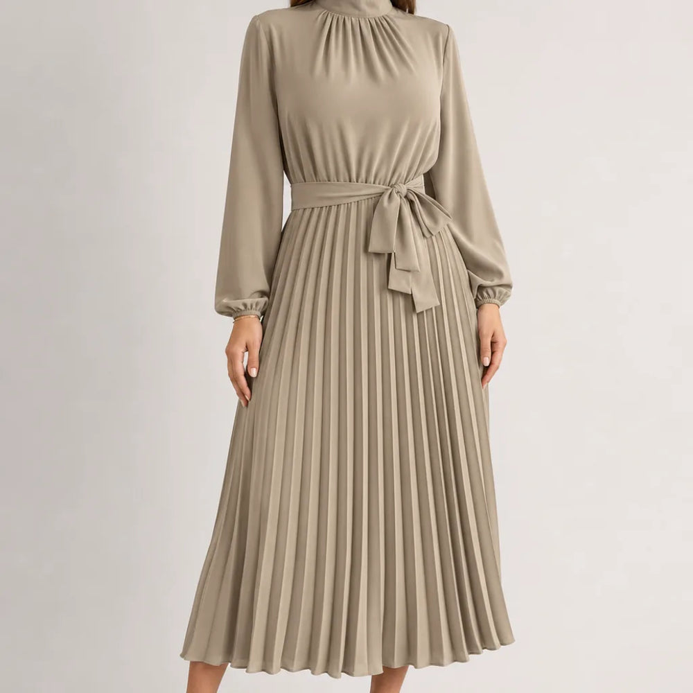 Beatrix | Women's Fall Long Sleeve Wedding Guest Maxi Dress - Color:Beige;Size:S