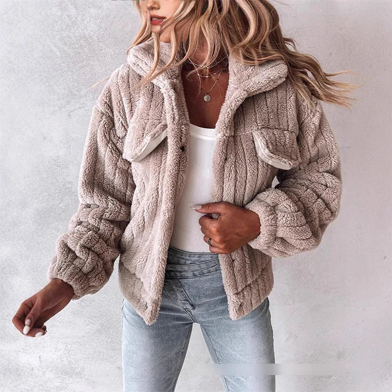 Beatrix | Women's Oversized Teddy Jacket  - Color:Khaki;Size:XS