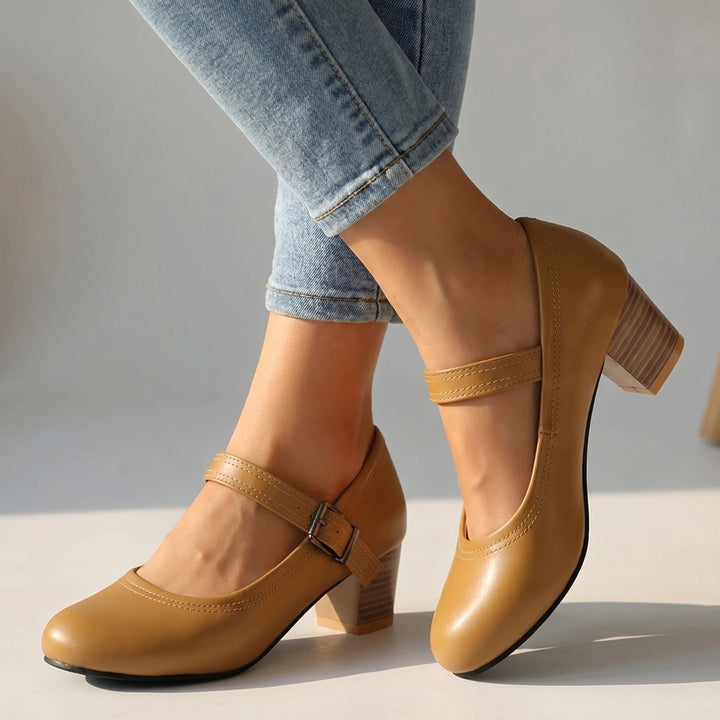 Bella Buckle Strap Pumps - Color:Tan;Size:35