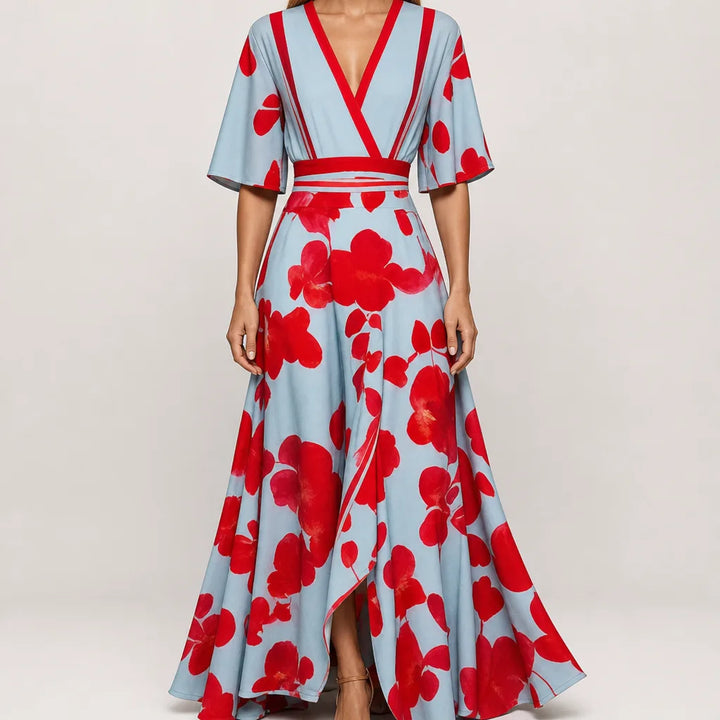 Bianca Floral Wrap Maxi Dress -G - Color:Red;Size:XS