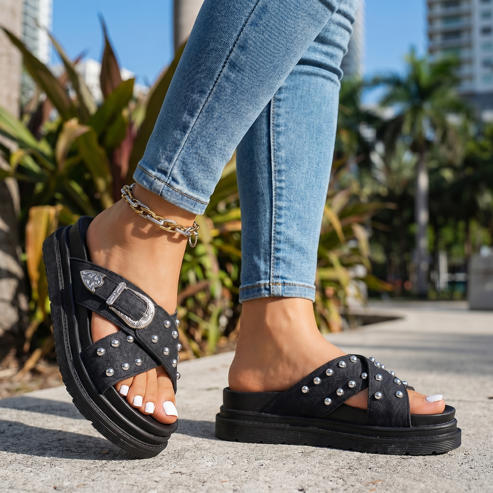 Black Sloane Studded Platform Slides 1