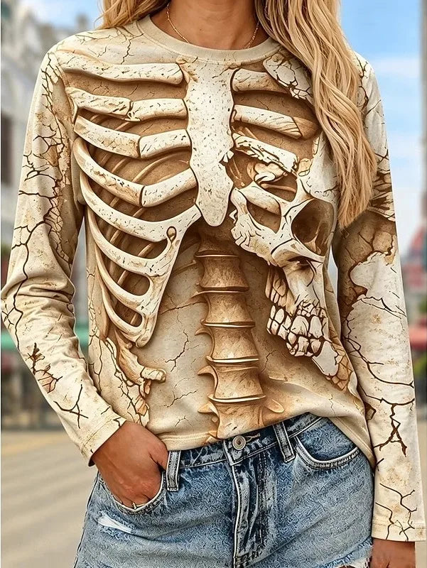 Brook | Women's Playful Skeleton Halloween Sweatshirt - Size:XS;Color:Khaki