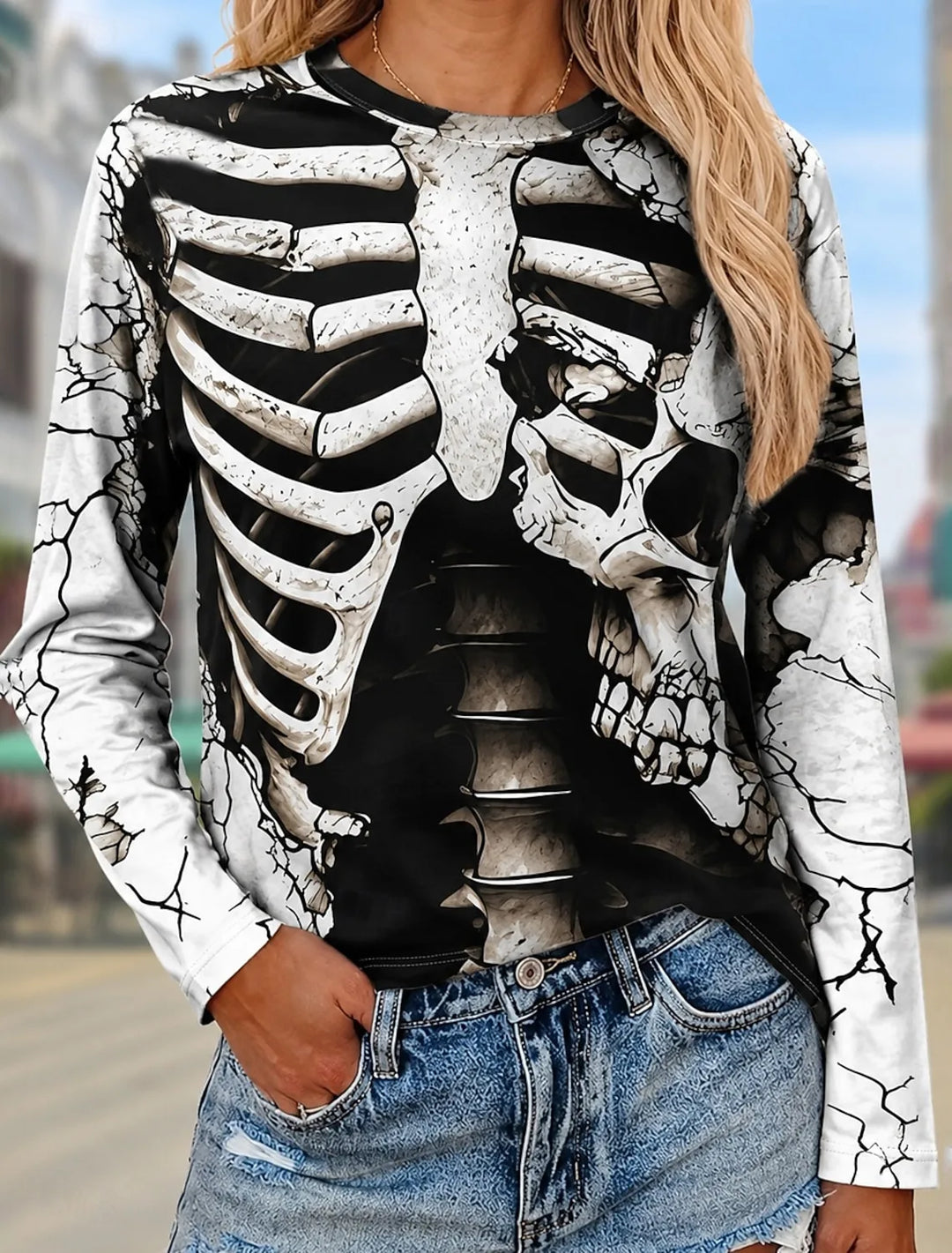Brook | Women's Playful Skeleton Halloween Sweatshirt - Size:XS;Color:White
