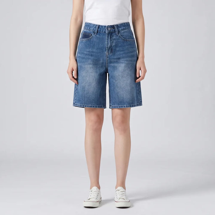 Women's Blue Oxford High Waist Denim Shorts