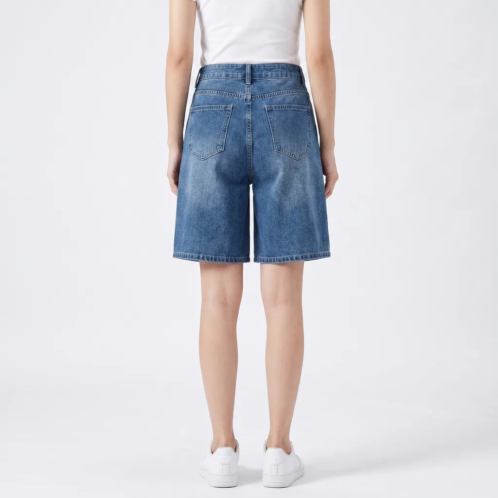 Women's Blue Oxford High Waist Denim Shorts