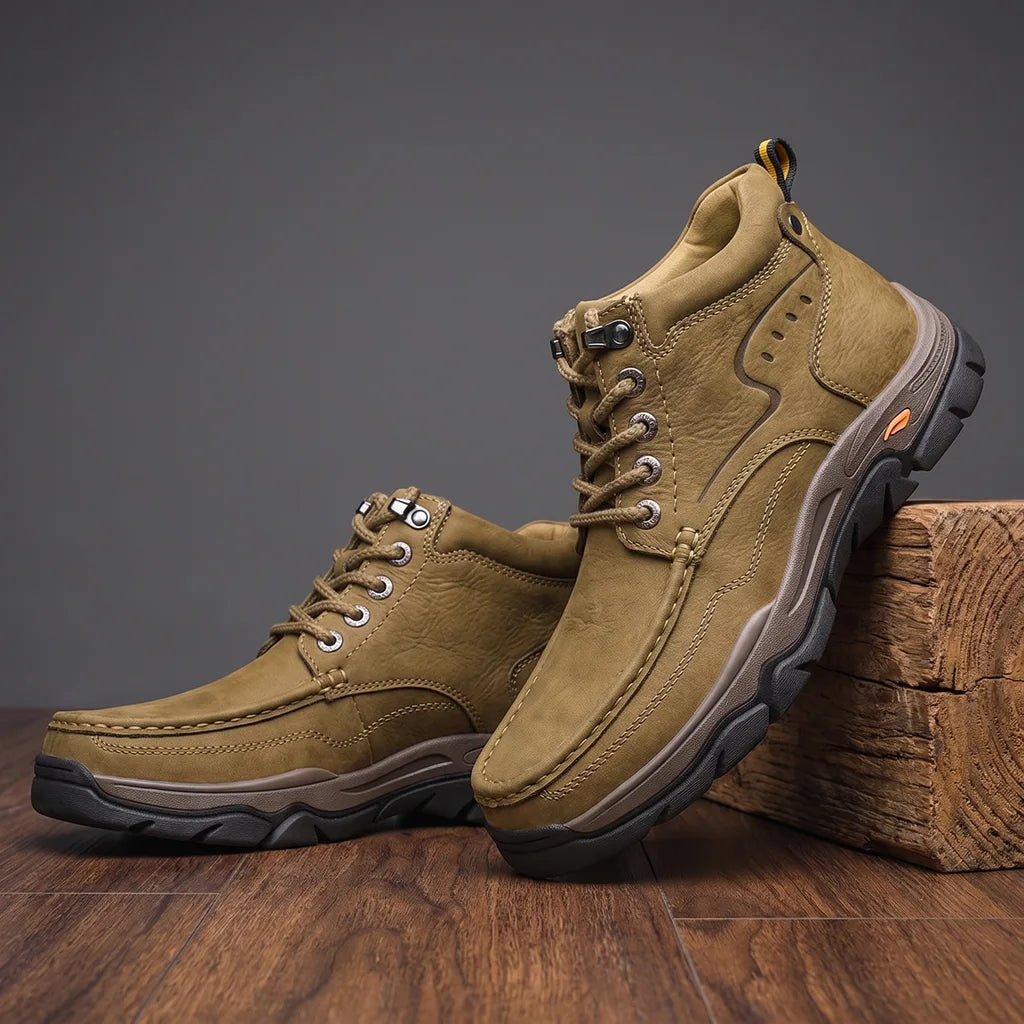 Calvin | Men's Leather Hiking Boots - Color:Beige;Size:38