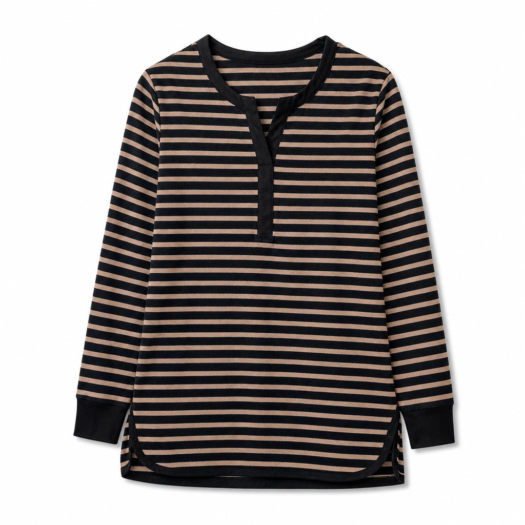 Jacqueline Striped Long-Sleeve Top - Color:Camel;Size:S