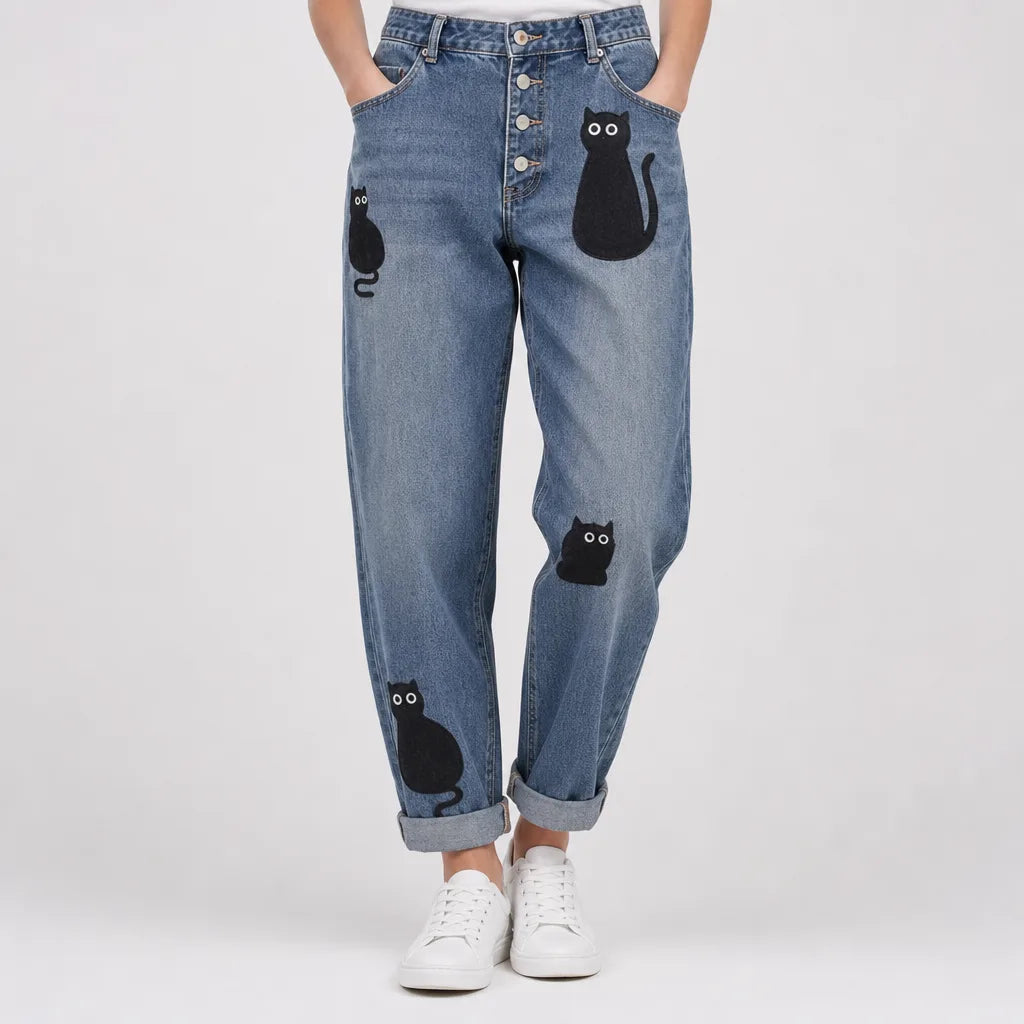 Camille | Baggy Wide Leg Jeans - Color:Cat Print;Size:XS
