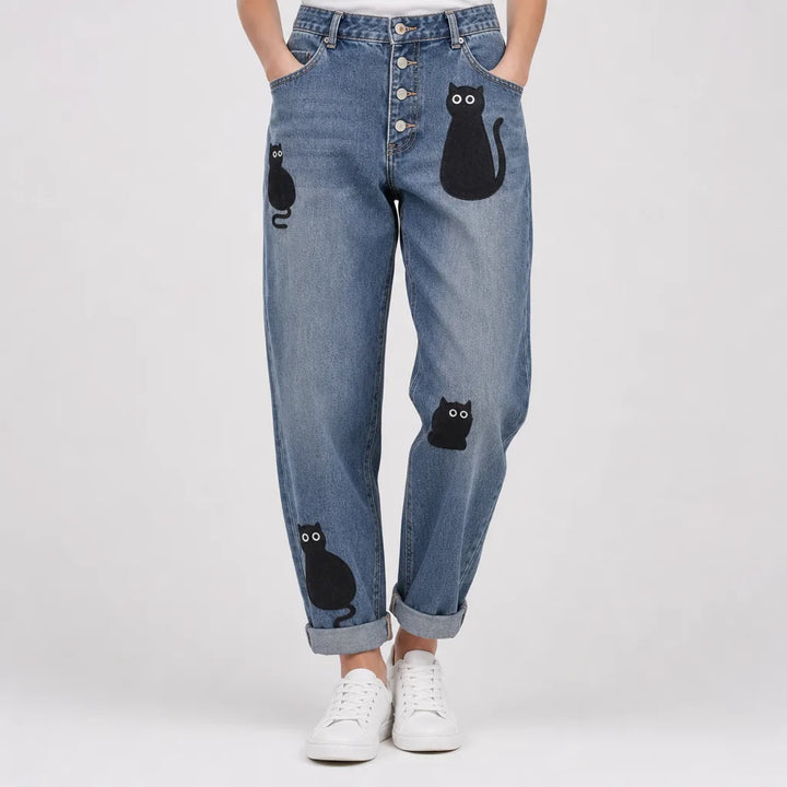 Camille | Baggy Wide Leg Jeans - Color:Cat Print;Size:XS