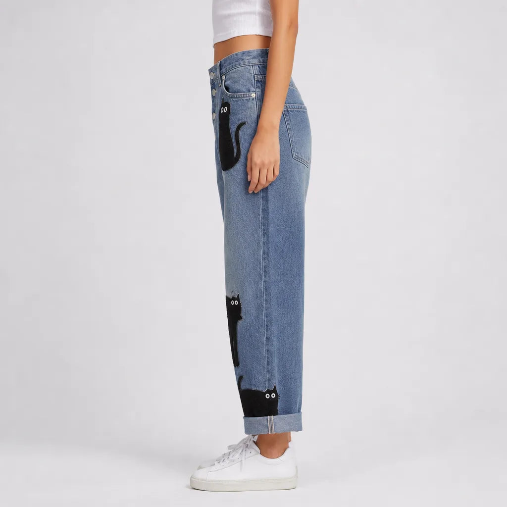 Women's Cat Print 983853-1 London Straight Leg Jeans