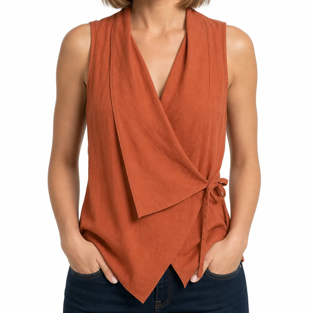 Carlyle Sleeveless Tie Blouse - Color:Orange Red;Size:XS