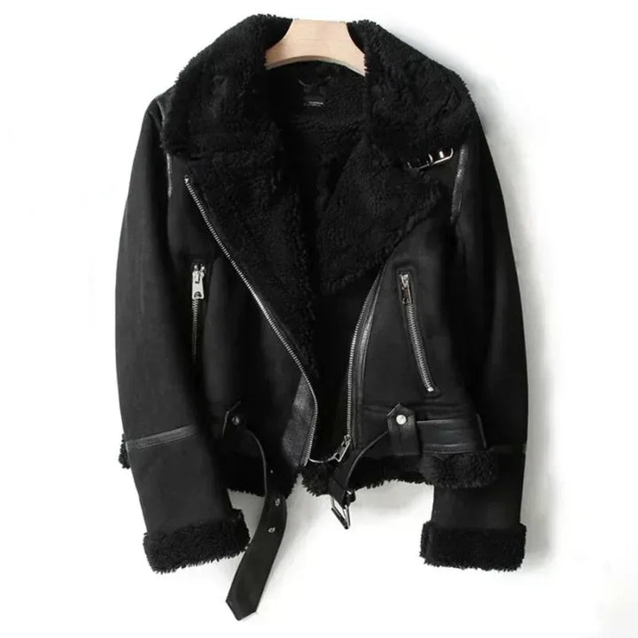 Caroline | Women's Sherpa Lined Leather Jacket  - Color:Black;Size:XXS