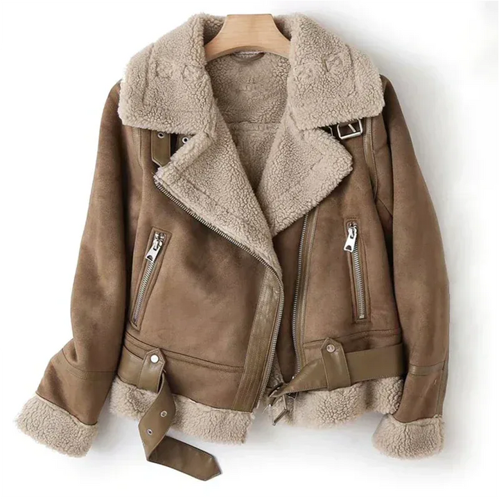 Caroline | Women's Sherpa Lined Leather Jacket  - Color:Brown;Size:XXS