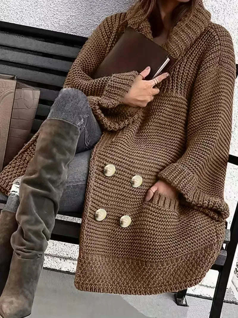 Carys | Women's Longline Knit Cardigan Coat - Color:Dark Brown;Size:L