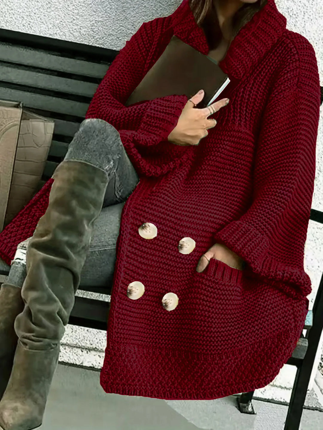 Carys | Women's Longline Knit Cardigan Coat - Color:Wine Red;Size:L