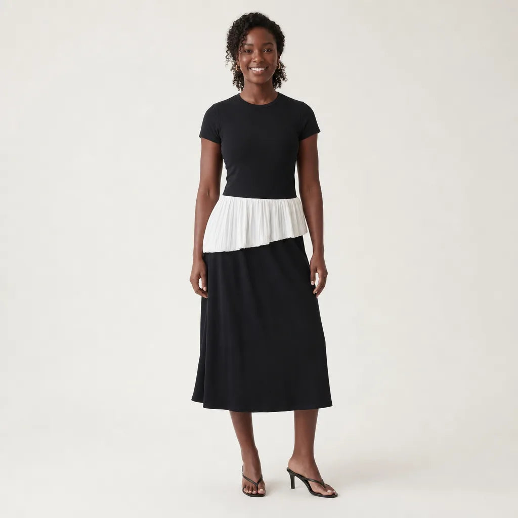 Women's White Quentin Colorblock Ruffle Midi Dress