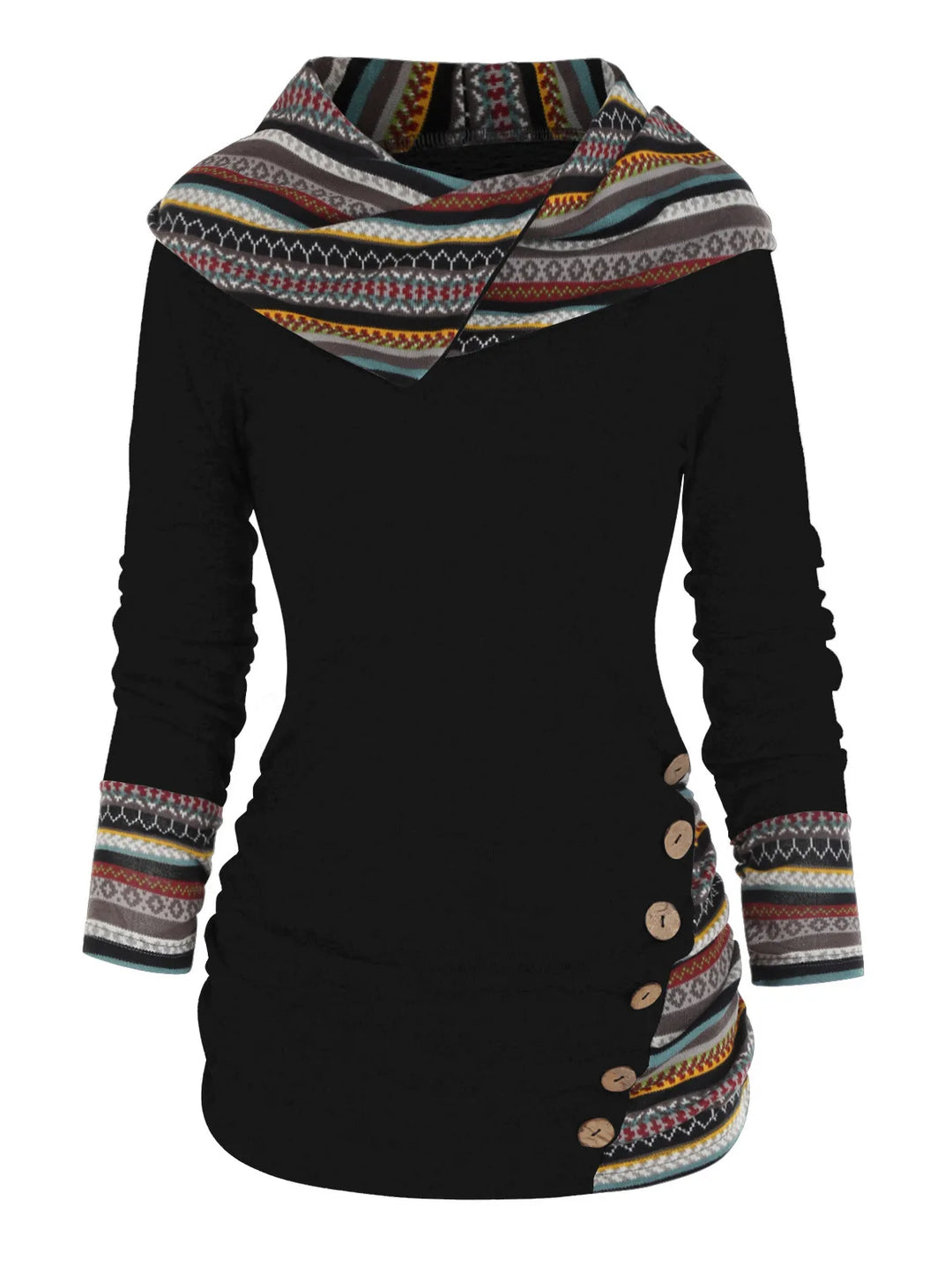 Catrin | Women's Patchwork Cozy Hoodie  - Color:Black;Size:XS