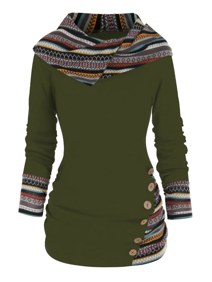 Catrin | Women's Patchwork Cozy Hoodie  - Color:Olive Green;Size:XS