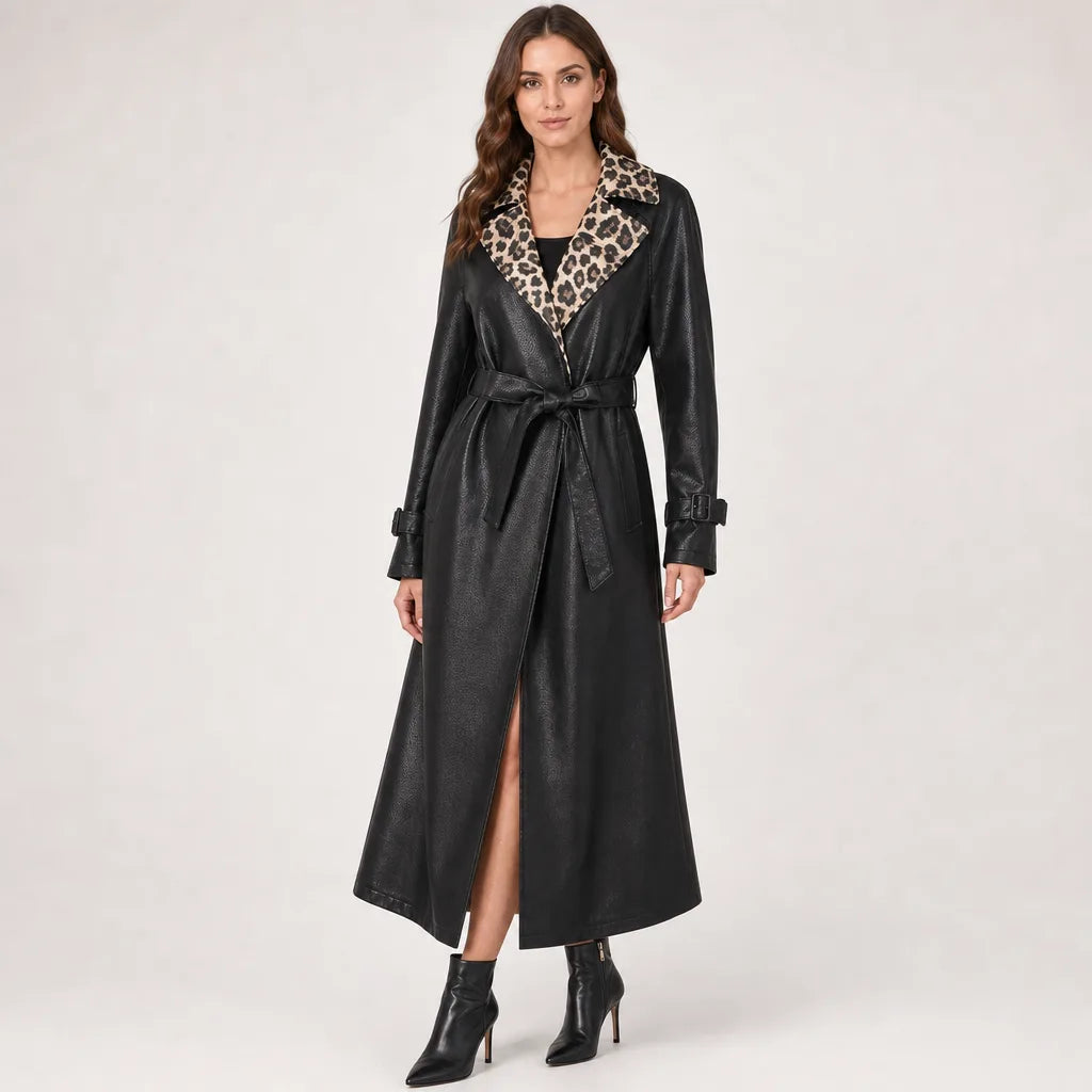 Women's Black Wickham Leopard Long Coat