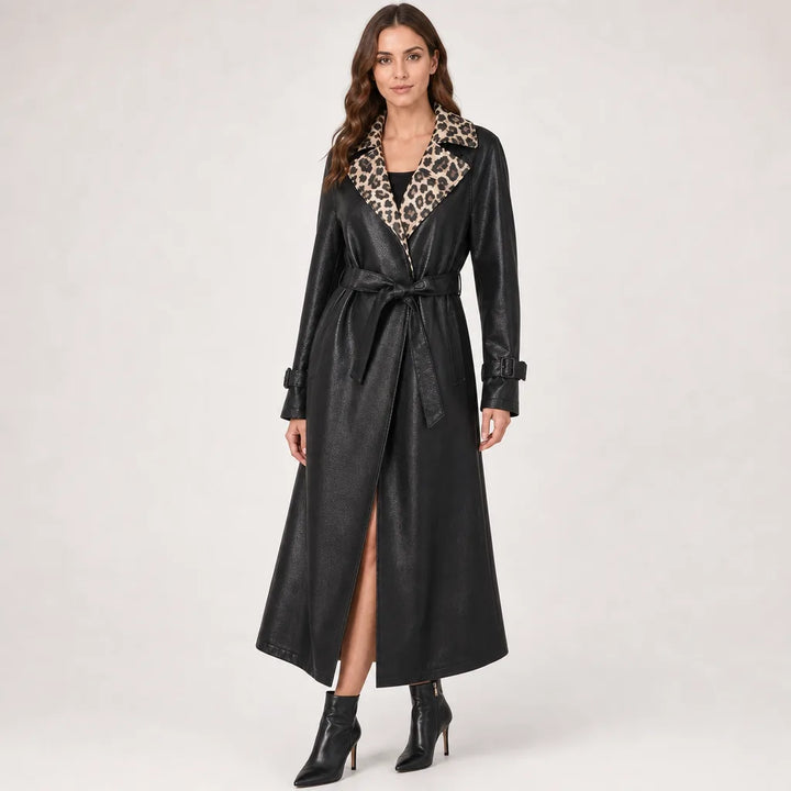 Women's Black Wickham Leopard Long Coat