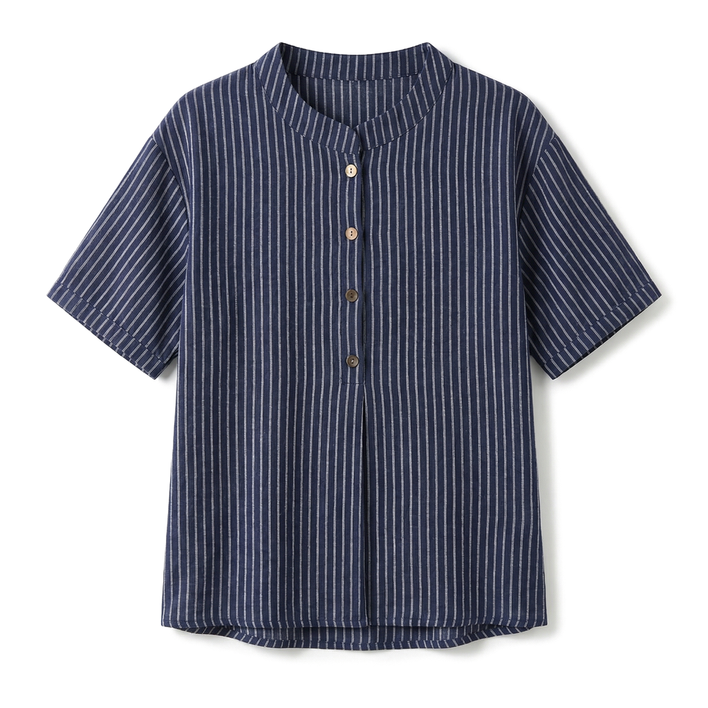 Celeste Cotton Striped Top - Color:Dark Blue;Size:S