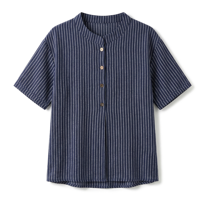Celeste Cotton Striped Top - Color:Dark Blue;Size:S