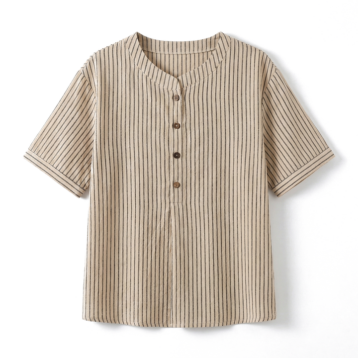 Celeste Cotton Striped Top - Color:Khaki;Size:S